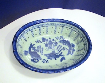 Asian Blue Fish Design Medium Bowl, Fish Design Bowl, Vintage Fish Design Reticulated Basket Bowl, Blue & Light Blue Porcelain Bowl Fish