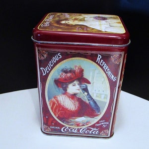 Vintage Victorian Coca Cola Corn Popper Large Tin, Coca Cola Large Tin 1985 Tin 3 Different Victorian Ladies, Coca Cola Corn Popper Tin
