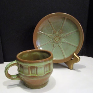 1 Frankoma Wagon Wheel Mug Saucer, Frankoma Prairie Green Coffee Cup, Frankoma 94C 94E, Pottery Mug Saucer 5 oz, Frankoma Pottery Mug, MER