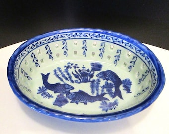Asian Blue Fish Design Bowl, Fish Design Bowl, Vintage Fish Design Reticulated Basket Bowl, Blue & Light Blue Porcelain Bowl Painting Fish,