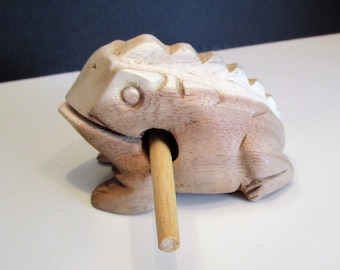 Wood Carved Percussion Frog: Rustic Musical Instrument, Pen Holder