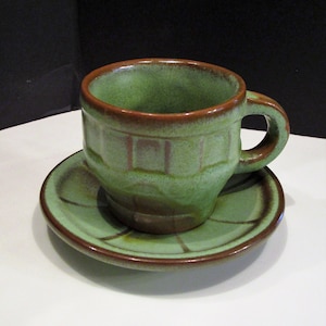 Frankoma Wagon Wheel Mug Saucer, Frankoma Prairie Green Holds 5 ounce Coffee Cup, Frankoma 94C 94E, Pottery Mug Saucer, Frankoma Pottery Mug