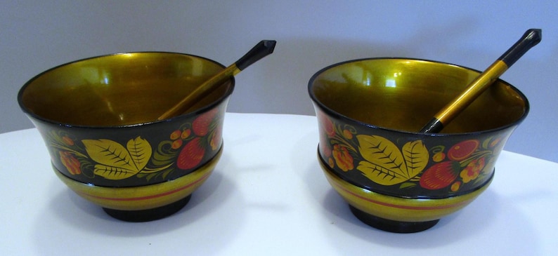 2 Wood Bowls With 3 Spoons Folk Art, Russian Wood Spoons, Made USSR ...
