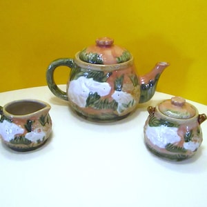 Vintage Majolica Bunny Rabbits Teapot & Creamer and Sugar Bowl with Lid,