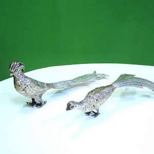 Vintage Silver Plated Peacock And Peahen Set Of 2 Italian Crafted Bird Figurine Pair Of Silver Pheasant Figurines, Silver Peacock Decor