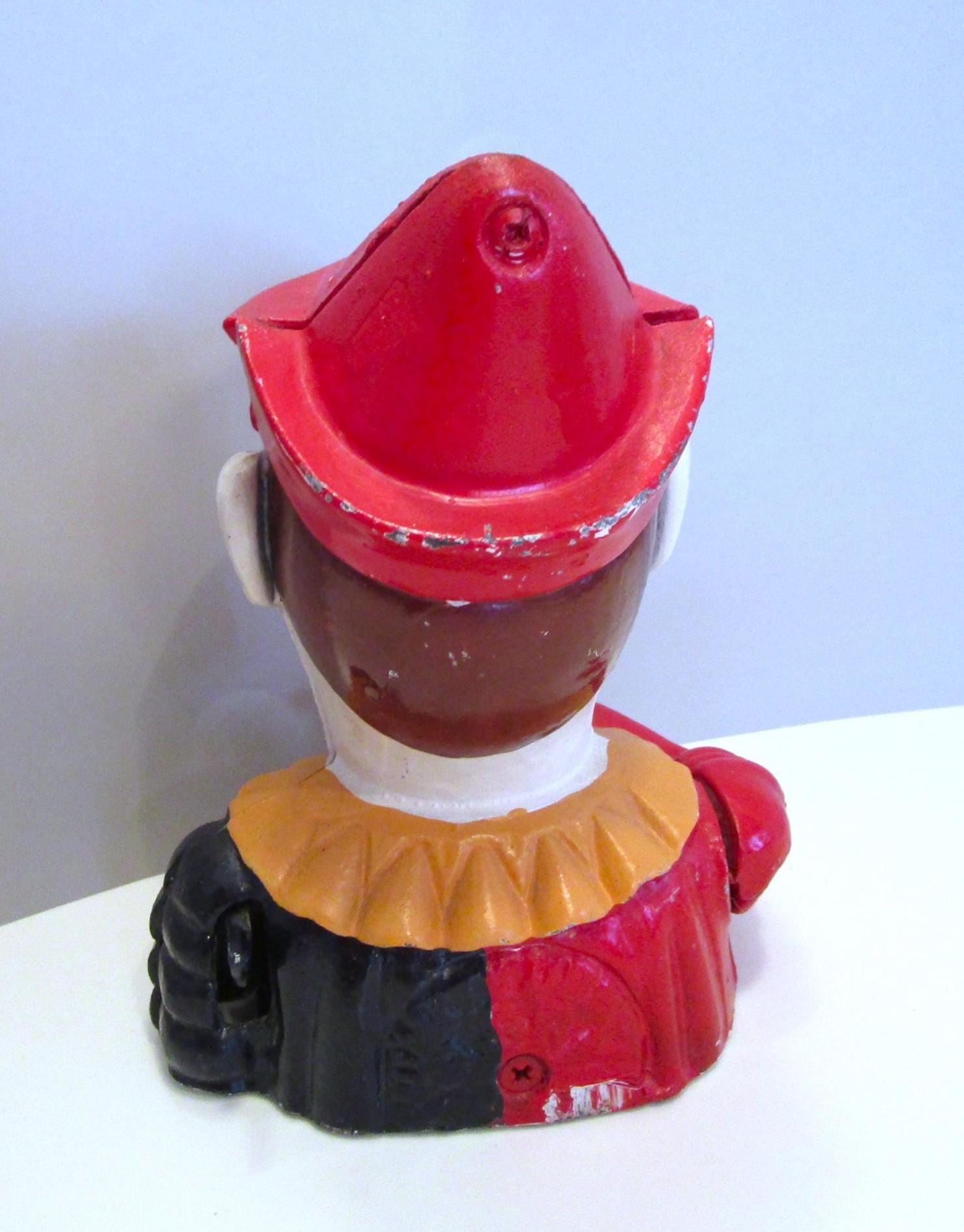 Vintage Cast Iron Clown Jester Humpty Dumpty Mechanical Coin Bank