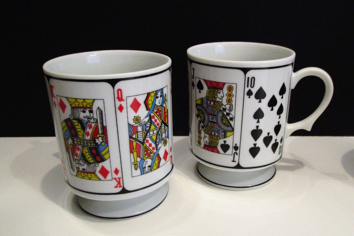 Vtg Mugs Playing Cards Poker Mugs Ceramic Footed Pedestal Etsy
