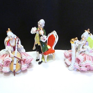Porcelain & Lace Figurines, Handarbeit Lady Harp Cello Player, Man Violin Player, Orchestra Porcelain Lace Figurines Playing Music Porcelain