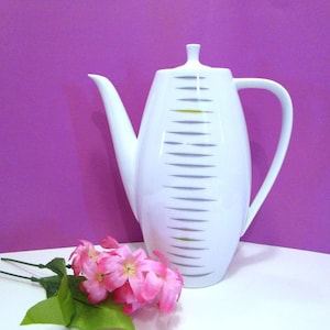 White Large Teapot, Vintage 1970’s Thomas Teapot, Thomas Teapot Made in Germany features a pattern light gray stripes,. White Teapot
