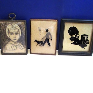 Silhouette Reverse Paintings on Glass, 1 has Domed Glass 1950s Gentleman Silhouettes and Young Girl Pencil drawing Antique Artwork Decor