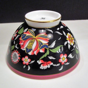 Asian Rice Bowl/Soup, Asian Pedestal Rice Soup Bowl, Asian Porcelain Bowl, WWRD Floral Rice Bowl, Asian Bowl Black background Floral Bowl, M