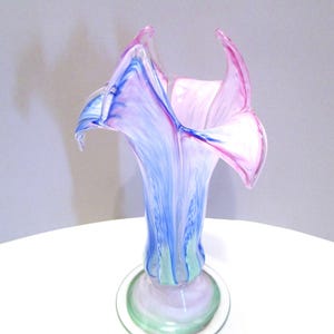 Hand Blown Vase Jack in the Pulpit, MURANO? Style, Vintage Bud Vase 8&quot; Blue Pink White Light Green ring on base, Vase Hand Blown Art Glass
