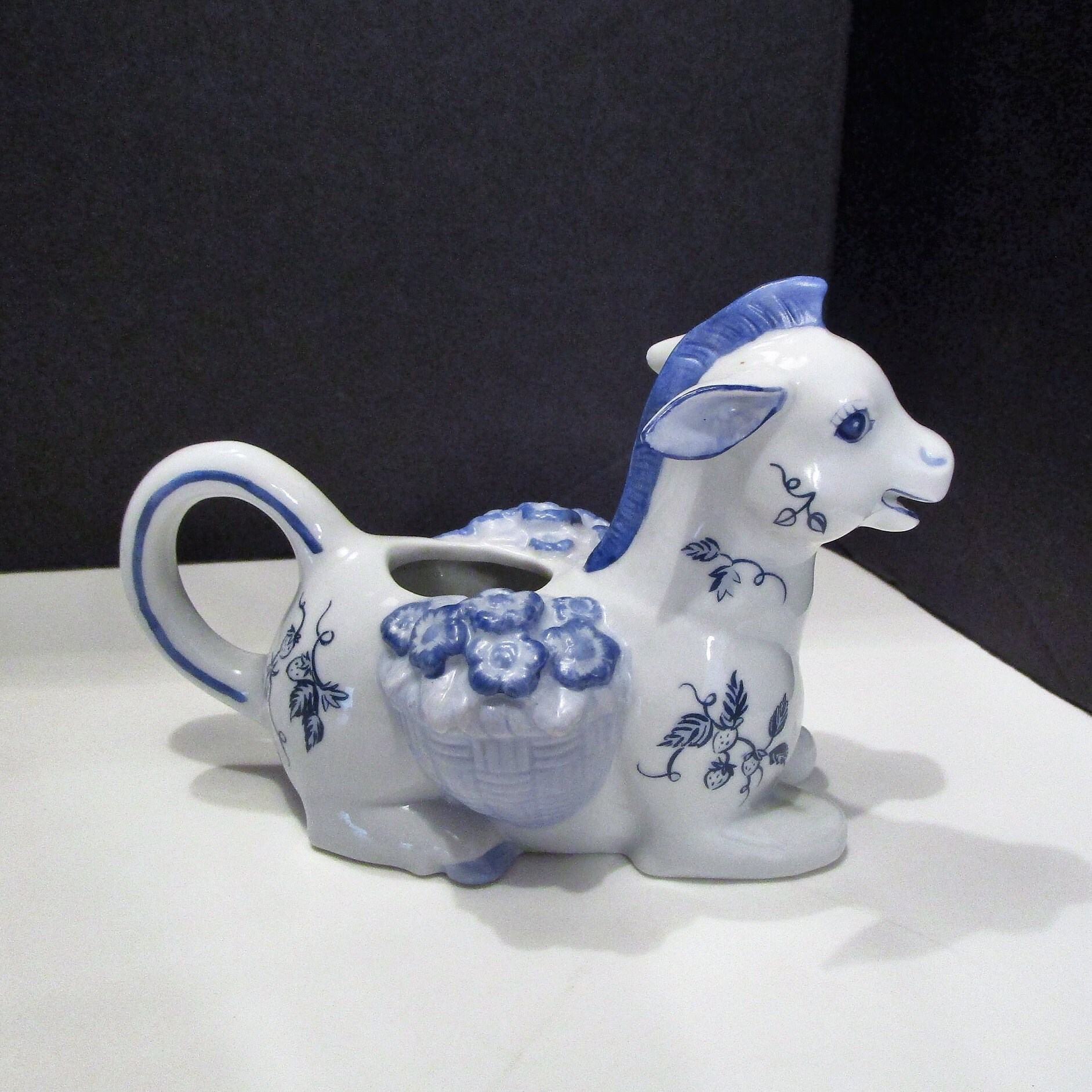 Franklin Mint Donkey Creamer: Blue & White Country Friends Pitcher