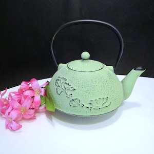 Japanese Green Cast Iron Black Enamel inside, Asian Green Teapot with Floral design, Kotobuki Style Japanese Teapot, Textured outside