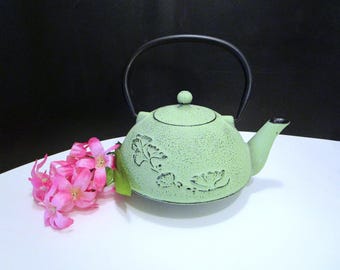 Japanese Green Cast Iron Black Enamel inside, Asian Green Teapot with Floral design, Kotobuki Style Japanese Teapot, Textured outside