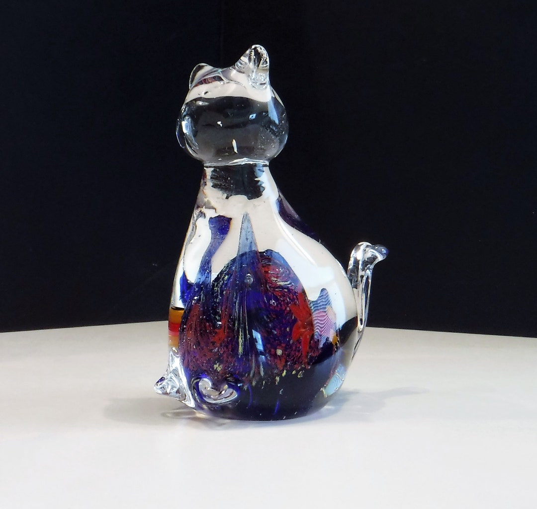 Glass Cat and Fish Paperweight, Art Glass Paperweight Fish Inside, Cat