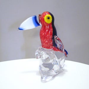 Art Glass Bird Parrot, Large Colorful Glass Bird, FREE SHIPPING, Toucan Hand Blown Art Glass Bird, Parrot White Blue Red Yellow and Black