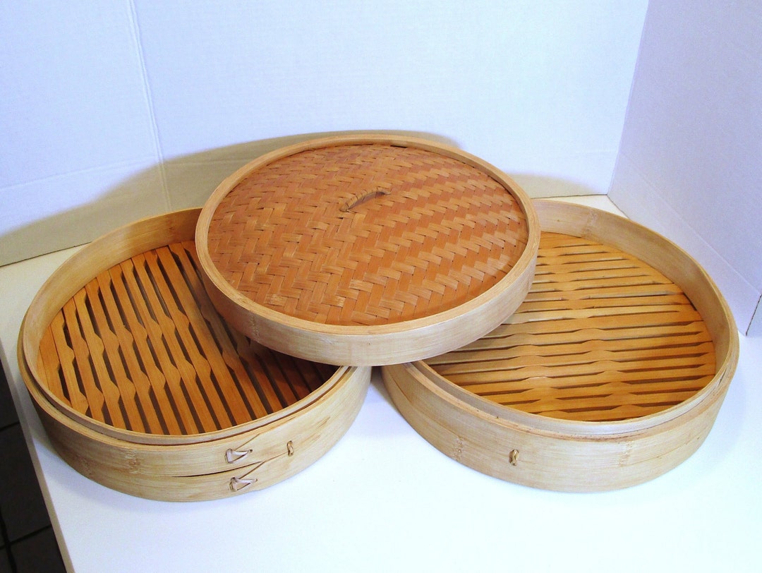 Bamboo Steamer Baskets, Vintage Round Bamboo Baskets, Large Bamboo