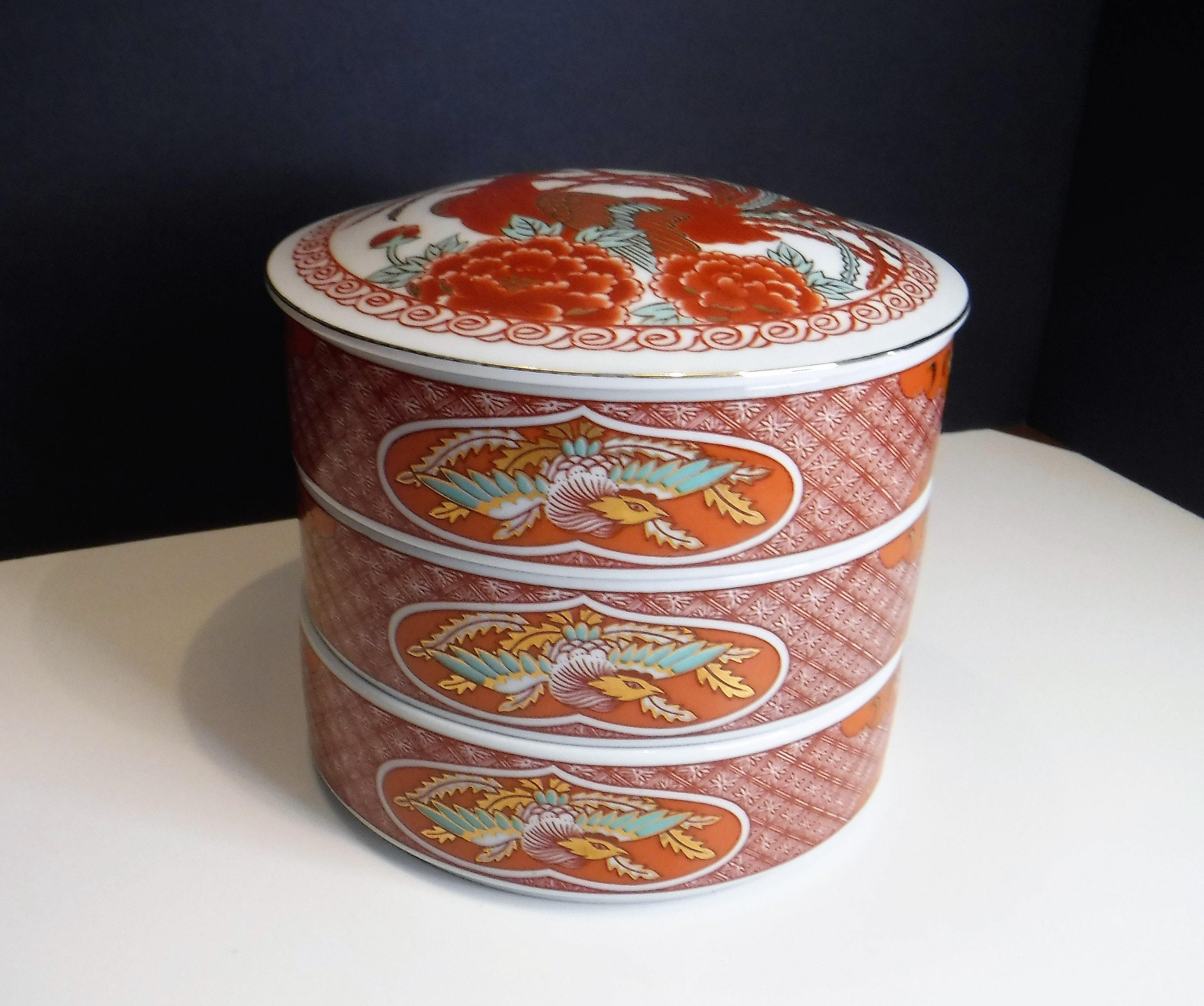 期間限定・お買い得商品: |産地直送 3 Box Trinket Jewelry Porcelain Asian Colorful Tier 帽子