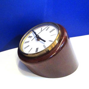 MCM Colonial Molyneux Round Wooden Clock, Log Shaped Wood with Brass rim front that opens, Unique Desk or Mantle Clock, Working see Video