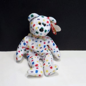 Y2K Ty Beanie Babies Confetti Bear, TY 2K Rare Beanie Baby with Errors, Tag says Red Yellow Blue Green also has Pink Purple spots on bear,ME