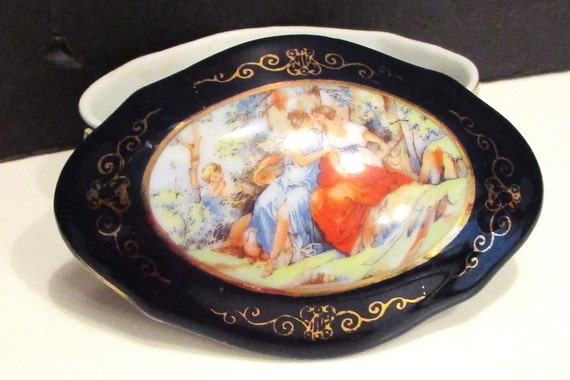 Cobalt Trinket Box: Victorian Ladies Scene, Gold … - image 3