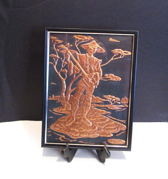 1950s Copper Relief Embossed Oriental Man, MCM Copper Chinese Man 