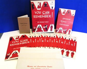 Memory Books You can remember, 1957 You Can Remember Course In Memory + Number Dictionary, Dr Bruno Furst, Adventures Memory Concentration