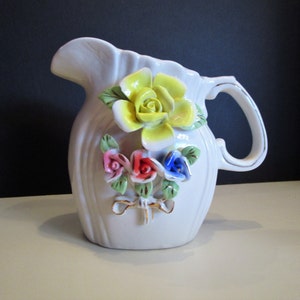 Pitcher Vase, White Vase Creamer Pitcher with Appliqued Flowers Blue Pink Red Yellow Flowers Vase/Pitcher/Creamer/Decor, Free Shipping USA