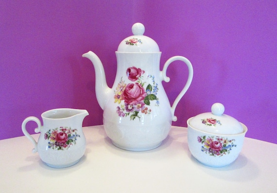 Schirnding Bavaria Tea Set: 1970s Porcelain Teapot, Sugar Bowl