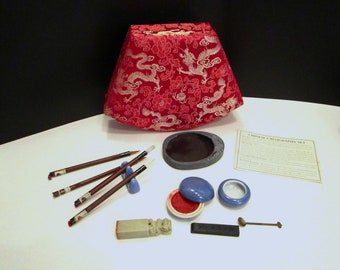 Vintage Chinese Calligraphy Set: Silk Dragon Case, Ink Stone & Brushes