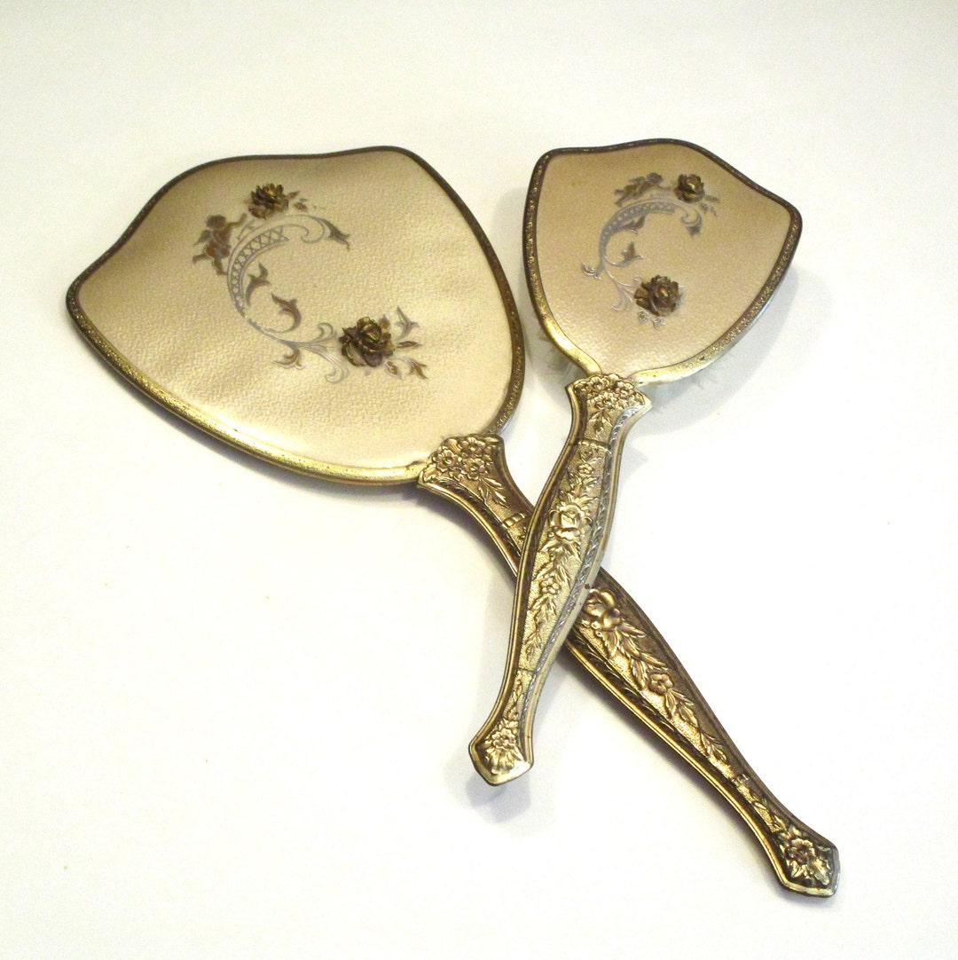 Antique Brass Mirror and Brush Vanity Set, Art Deco Vanity Set, Mirror