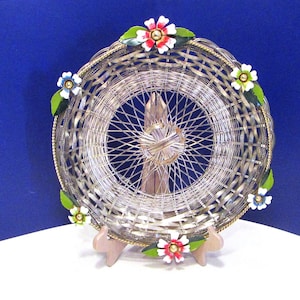 Vintage Silver Wire Basket with Painted Metal Flowers