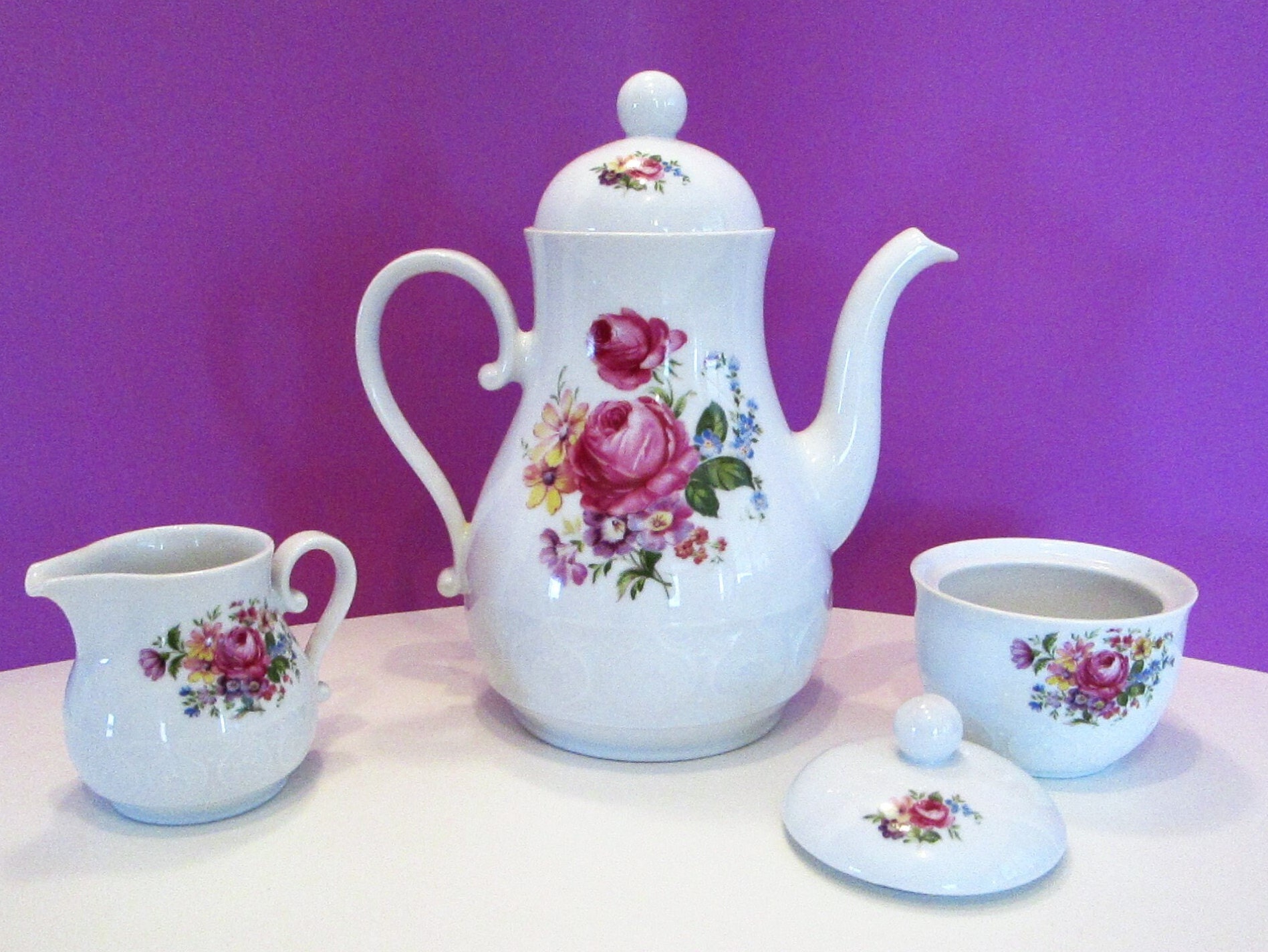 Schirnding Bavaria Tea Set: 1970s Porcelain Teapot, Sugar Bowl