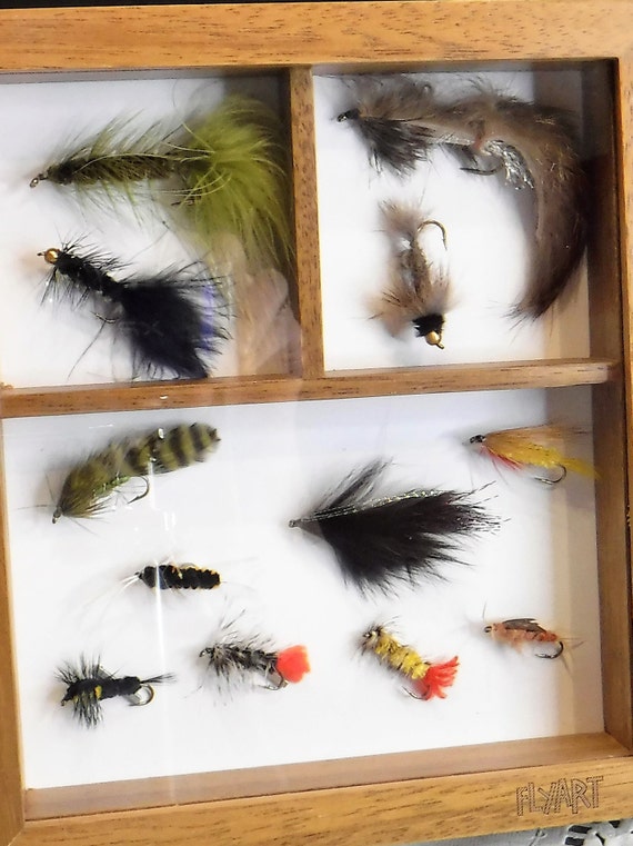 Fishing Gift, Fly Fishing Décor, 12 Fly Fishing Hooks, Fly Fishing Hooks  Mounted Framed, Fishing Hooks, Cabin Lake Lodge Décor, Gift Him,mer 