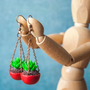 May include: Earrings with miniature succulent plants in red pots, suspended from copper-coloured chains and hooks. The green succulents are set against a blue background.