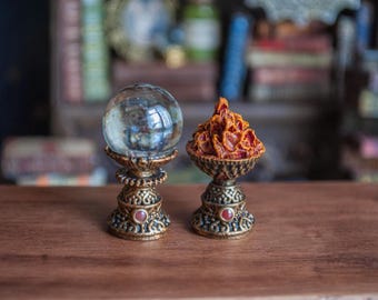 Miniature Dollhouse Crystal Ball and Fire Goblet Set, Halloween Witch Fortune Teller Prop