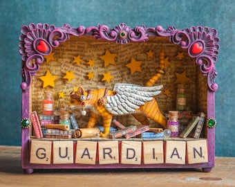 Miniatuur oranje kattendiorama, assemblagekunst schaduwdoos, muurhangend diorama