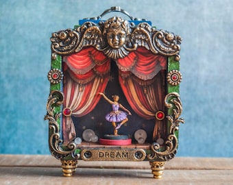 Miniatuurballerinadiorama, poppenhuisminiatuur vintage theater, montagekunst