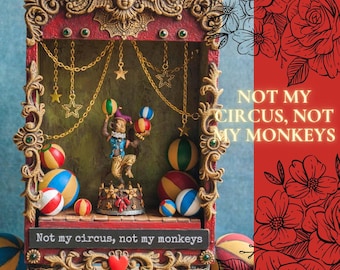 Vintage circusdiorama, apendiorama, schaduwdooskunst, miniatuurcircuskunst, assemblagekunst, circusschaduwdoos, poppentheaterdiorama