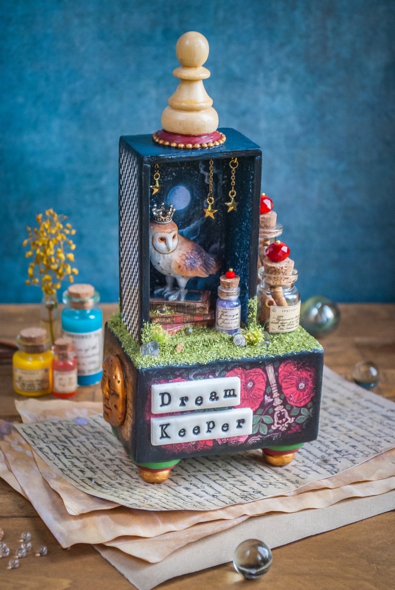 Altered shadow box art with owl Vintage diorama story box