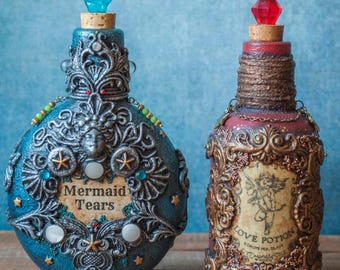 Glass Potion Bottle Set, Mermaid Tears, Love Potion - Gothic Apothecary Decor