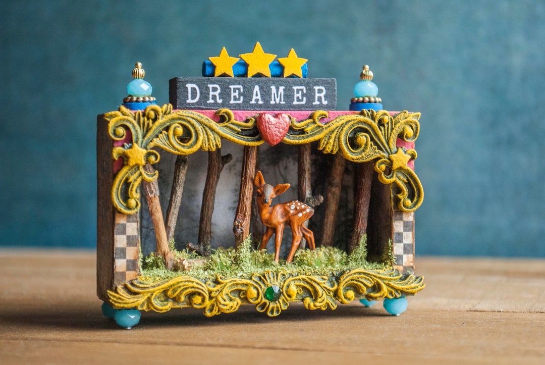 Shadowbox Diorama, Shadowbox Art, Miniature Fawn and Woods, Vintage
