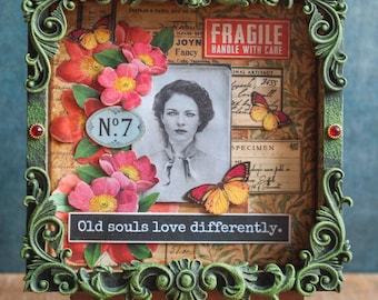 Mixed media montage hangende muurkunst, kleine collagekunst, decoratie junk Art, schaduwdooskunst