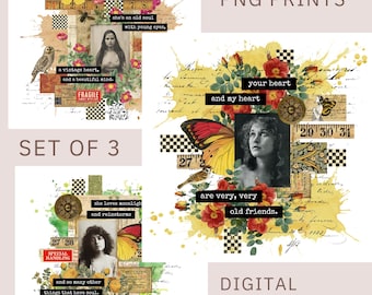 AFDRUKBARE collagekunst, png-bestand, draagtasontwerp, vintage collage, efemere dame, dagboeken plakboek, set van 3 (digitale download)