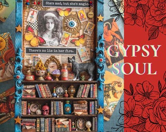 Gypsy Fortune Teller Diorama, Halloween Diorama, muurhangende bibliotheekkunst, mixed media gewijzigde kunst Shadow Box
