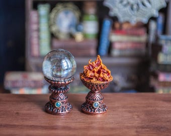 Miniature Dollhouse Crystal Ball and Fire Goblet Set, Halloween Witch Fortune Teller Prop