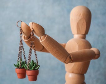 Succulente oorbellen van polymeerklei, terracotta oorbellen potplant
