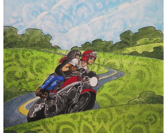 Through The Countryside (12x16 in) - Motorcycling Couple