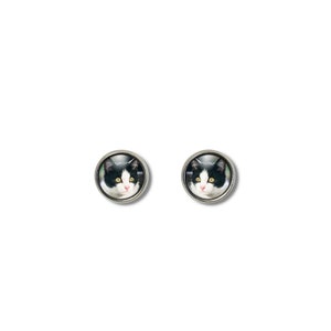 May include: A pair of silver stud earrings with a black and white cat face image in the center of each earring.